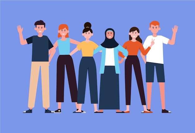 Retrato de grupo de meninos e meninas adolescentes sorridentes ou amigos de escola juntos