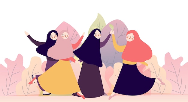 Retrato de grupo feliz de bonitas meninas melhores amigas juntas conceito de mulher muçulmana vestindo hijab cabeça