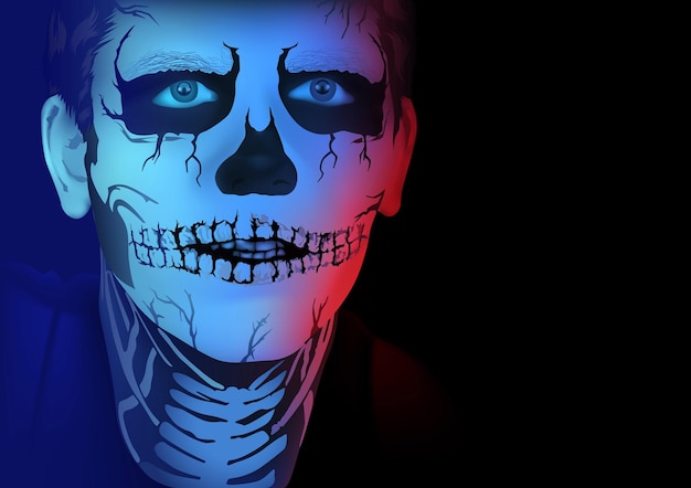 Retrato de halloween de homem com maquiagem de esqueleto sobre fundo preto