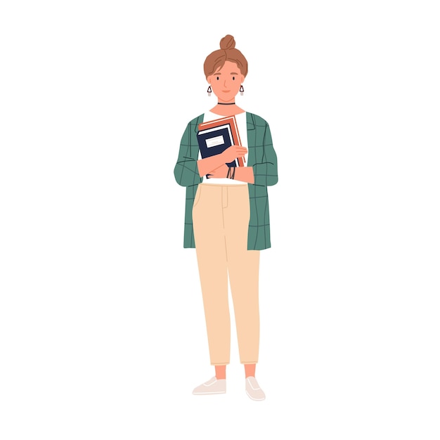 Retrato de jovem estudante universitário em pé com livros. adolescente segurando livros na mão. aluna sorridente com roupa moderna. ilustração em vetor plana colorida de mulher inteligente isolada no branco.