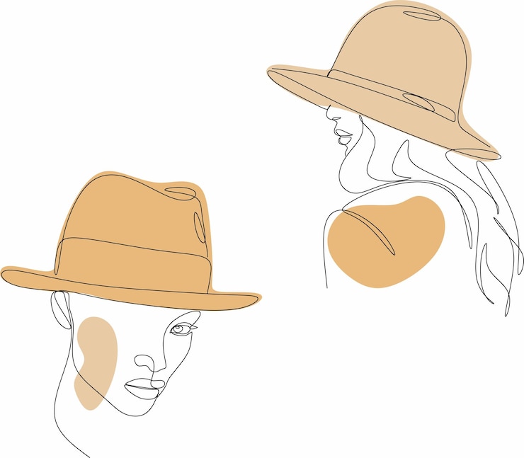 Vetor retrato de linha contínua de mulher à moda com chapéu