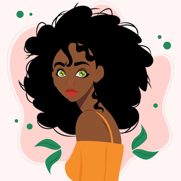 Retrato de menina bonita dos desenhos animados, grandes olhos verdes, cabelo encaracolado, vetores e ilustrações para download gratuito