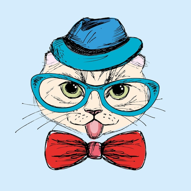 Retrato de moda de gato hipster em óculos grandes gravata borboleta e chapéu mão desenhada ilustração vetorial