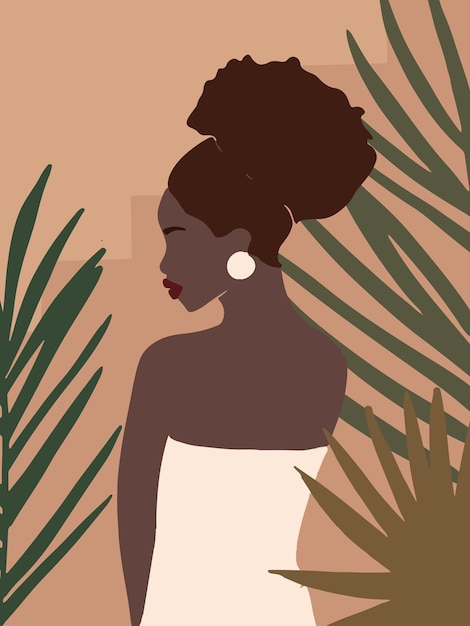 Retrato de mulher afro-americana desenhado à mão em estilo boho minimalista pôster feminino abstrato moderno