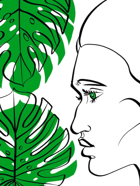 Vetor retrato de mulher de vetor com folha verde monstera. ilustração de moda tropical.