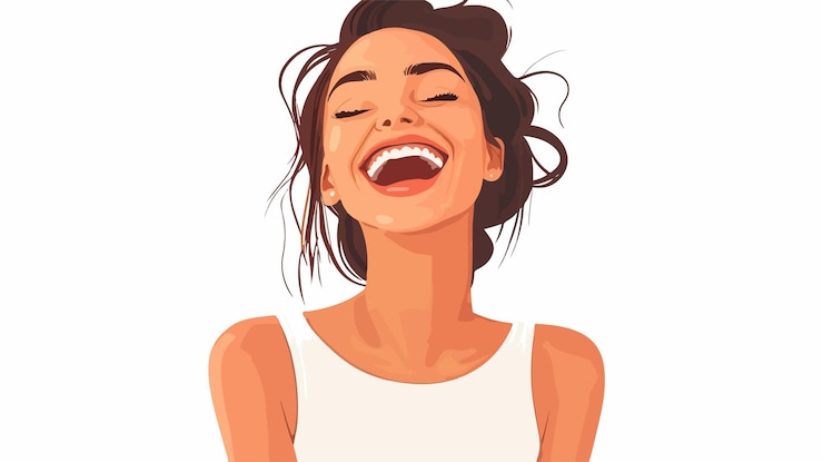 Vetor retrato de mulher sorridente de blusa branca rindo expressando alegria e felicidade