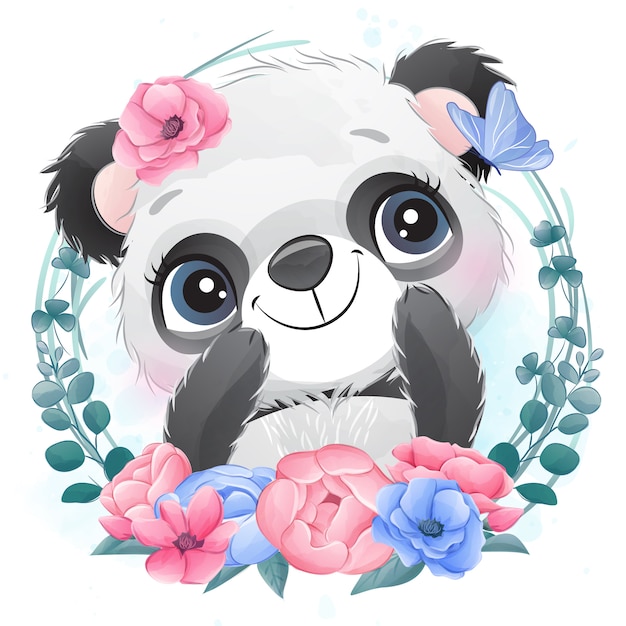 Retrato de panda pequeno bonito com floral