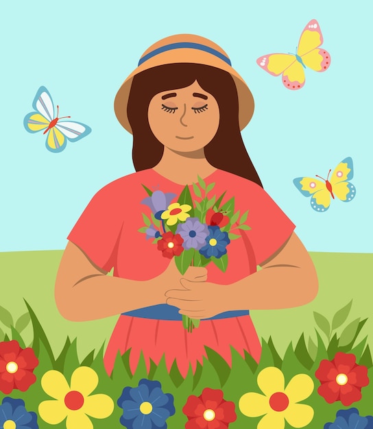 Retrato de primavera de menina com buquê com ilustração vetorial de flores coloridas em estilo simples