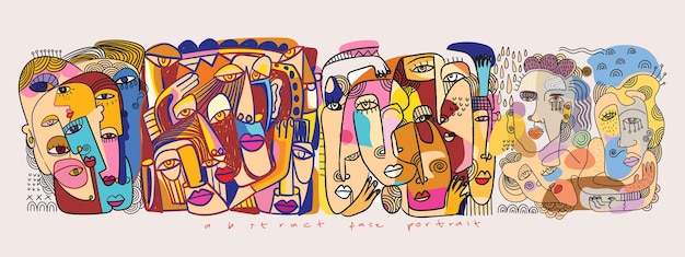 Retrato de rosto abstrato colorido arte de linha doodle arte de parede vetorial decorativa geométrica desenhada à mão