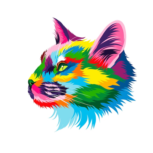 Retrato de rosto de gatinho abstrato rosto de gato de tintas multicoloridas Desenho colorido