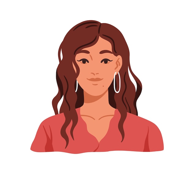 Vetor retrato de rosto de mulher jovem. garota feliz com estilo de cabelo ondulado encaracolado da moda, maquiagem com flechas e brincos. mulher bonita com cachos claros. ilustração em vetor plana isolada no fundo branco.