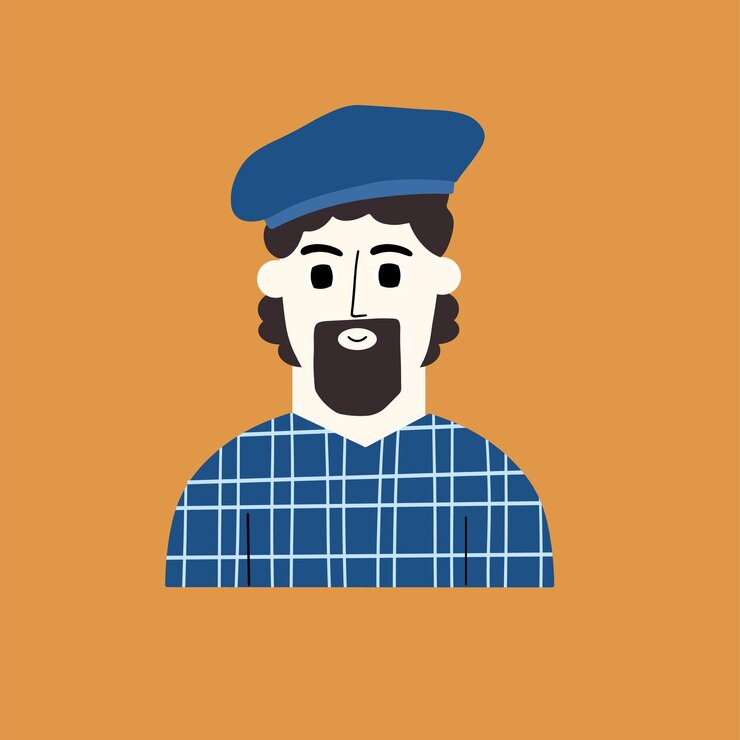 Vetor retrato de um artista masculino em uma boina francesa jovem em roupas da moda ilustração vetorial desenhada à mão