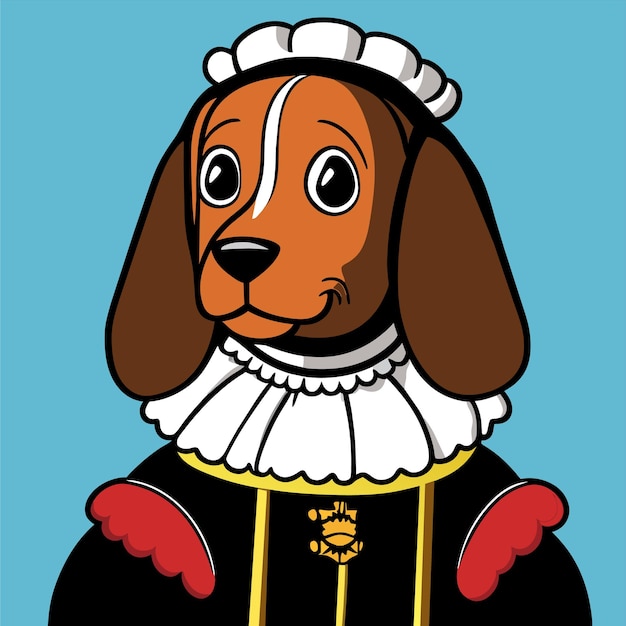 Vetor retrato de um cão vestindo um uniforme militar histórico desenhado à mão adesivo de desenho animado plano e elegante