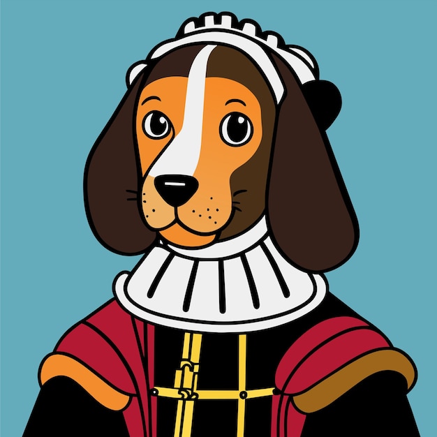 Vetor retrato de um cão vestindo um uniforme militar histórico desenhado à mão adesivo de desenho animado plano e elegante