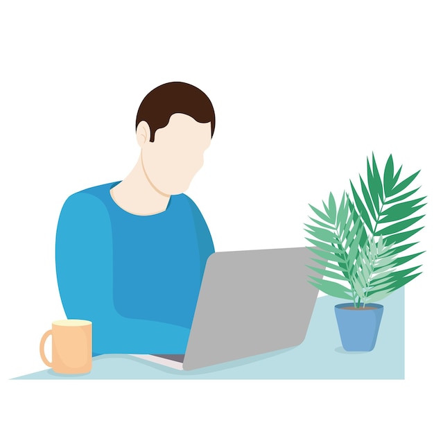 Retrato de um cara sentado em uma mesa com um laptop, o cara trabalha em casa, sem rosto