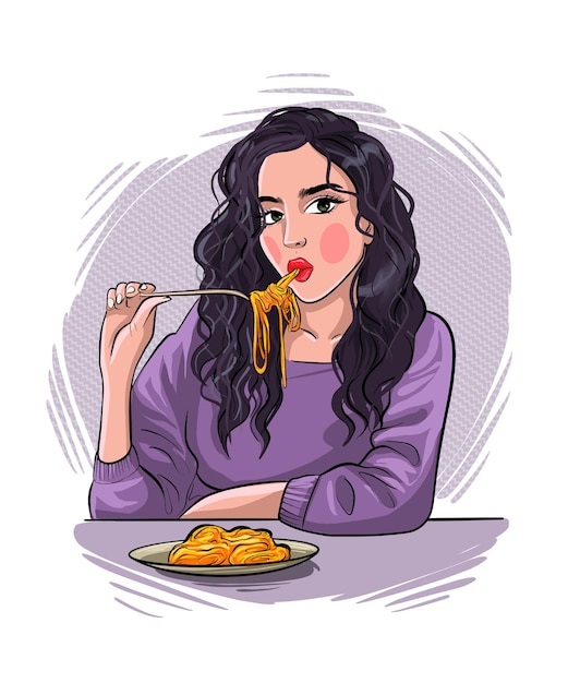 Vetor retrato de um desenho de mão de mulher jovem e bonita. a garota está comendo macarrão. sketch ilustração