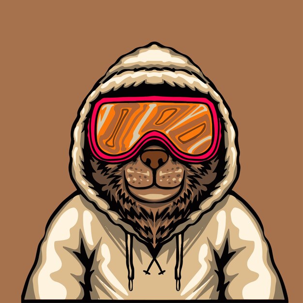 Retrato de um design de mascote de urso pardo de um snowboarder usando óculos com capuz