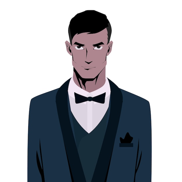 Retrato de um homem bonito e elegante de terno preto elegante fumando com uma gravata borboleta ilustração vetorial