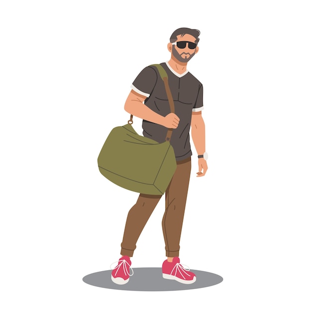 retrato de um homem de pé com uma bolsa de design plano vetor