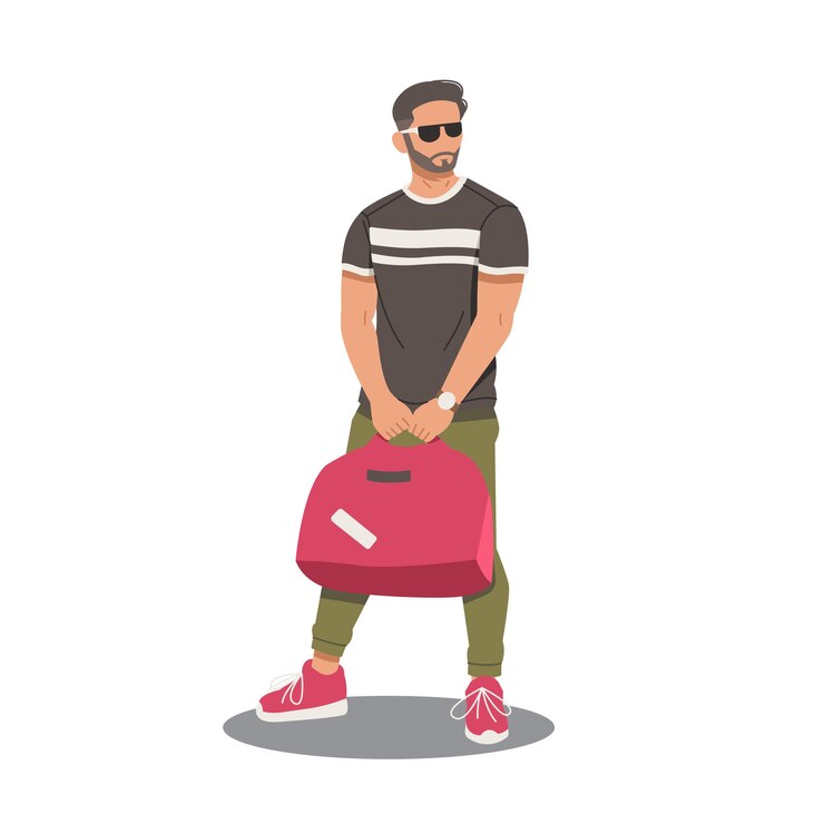 Vetor retrato de um homem de pé com uma bolsa de design plano vetor