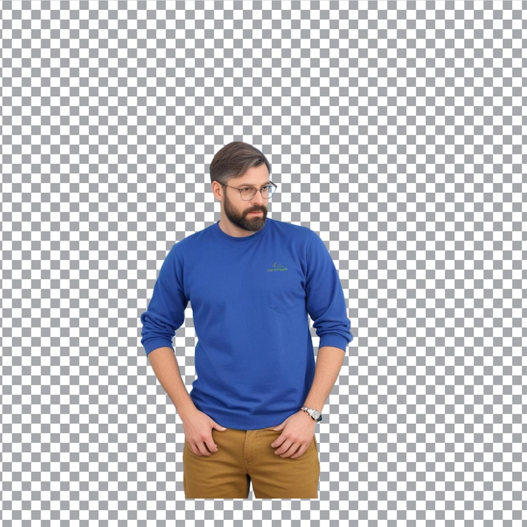 Vetor retrato de um jovem modelo bonito e sorridente vestido com uma camisa azul em um fundo transparente