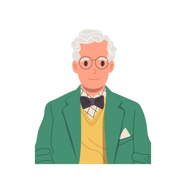 Retrato de um velho elegante e elegante, um personagem de desenho animado que se sente positivo e sorridente