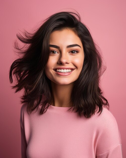 Vetor retrato de uma bela jovem com longos cabelos pretos em fundo rosa