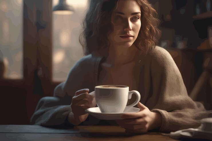 Vetor retrato de uma bela jovem em um café retrato de uma bela jovem em um café retrato
