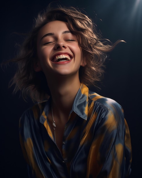 Vetor retrato de uma bela jovem rindo com os olhos fechados em um fundo preto