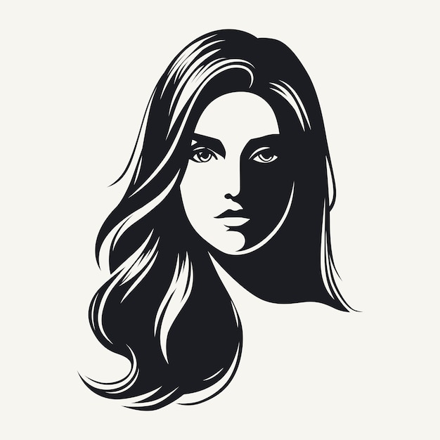 Retrato de uma bela mulher com cabelos longos Ilustração vetorial em preto e branco