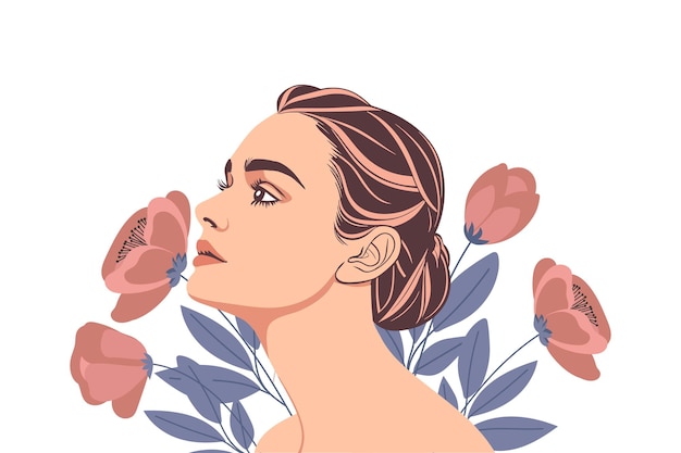 Retrato de uma jovem elegante e bonita em fundo floral Perfil de uma mulher com flores