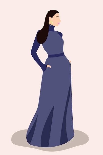 Retrato de uma jovem em pé em um vestido longo azul. estilo boho minimalista. retrato de menina.