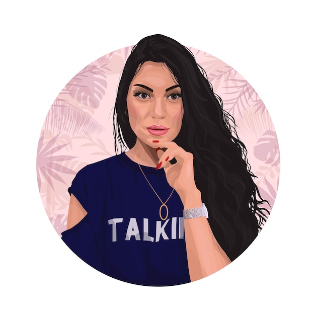 Retrato de uma jovem linda morena contra um fundo de folhas tropicais rosa