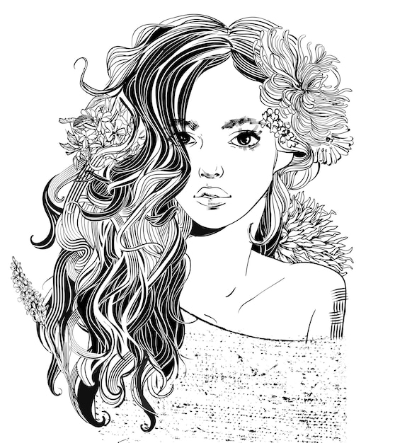 Retrato de uma jovem mulher bonita com flores - ilustração em vetor preto e branco