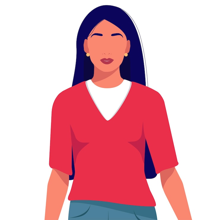 Vetor retrato de uma jovem mulher bonita e sorridente com cabelo comprido. ilustração em vetor plana com uma garota de cabelos escuros.