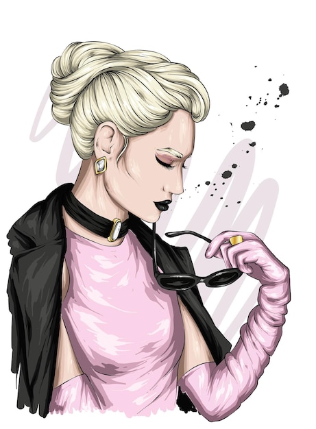 Retrato de uma linda garota com uma maquiagem de penteado elegante e óculos Moda e estilo