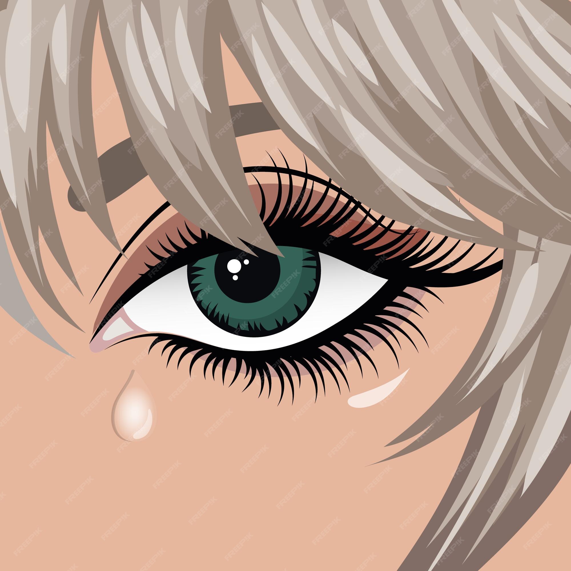 Cara De Anime Triste. Estilo De Manga Grandes Olhos Azuis, Nariz Pequeno E Boca  Kawaii. Lágrimas Em Seus Olhos. Mão Desenhada Ilustração De Desenho Animado  Vetorial. Royalty Free SVG, Cliparts, Vetores, e