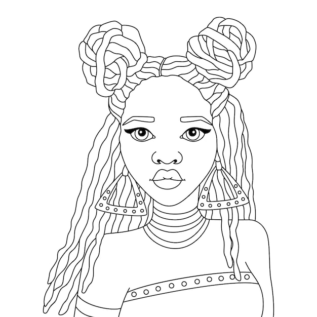 Retrato de uma linda mulher africana com penteado lindo ornamento para colorir páginas de ilustração