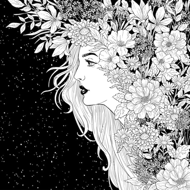 Retrato de uma linda mulher com flores Ilustração de tinta preto e branco