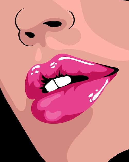 Retrato de uma linda mulher com lábios cor de rosa. Logotipo da beleza. Conceito de moda e beleza. Arte de parede.