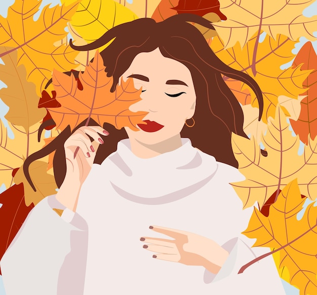 Vetor retrato de uma menina na natureza. ilustração em vetor aconchegante. padrão colorido de folhas de outono