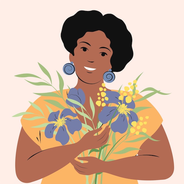 Vetor retrato de uma mulher afro-americana feliz e curvilínea com flores menina moderna elegante com cabelo escuro