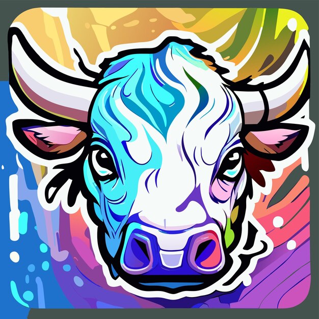 Vetor retrato de vaca em estilo pop art cores voadoras expressão desenhada à mão adesivo de desenho animado plano e elegante