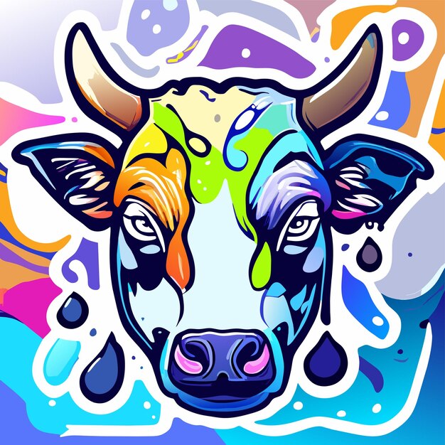 Vetor retrato de vaca em estilo pop art cores voadoras expressão desenhada à mão adesivo de desenho animado plano e elegante