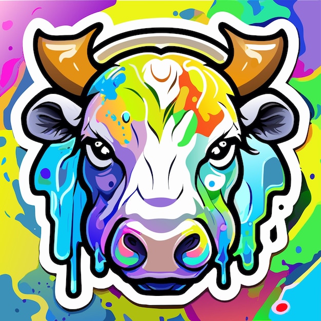 Vetor retrato de vaca em estilo pop art cores voadoras expressão desenhada à mão adesivo de desenho animado plano e elegante