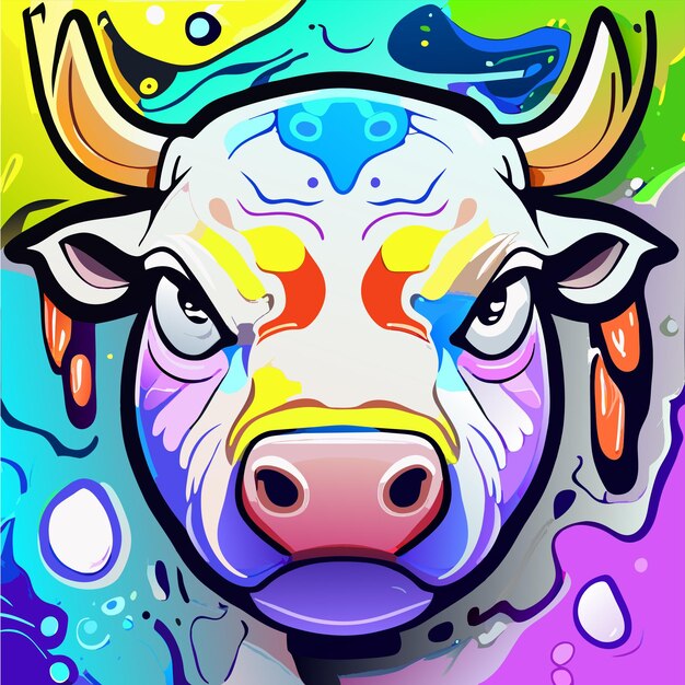 Vetor retrato de vaca em estilo pop art cores voadoras expressão desenhada à mão adesivo de desenho animado plano e elegante