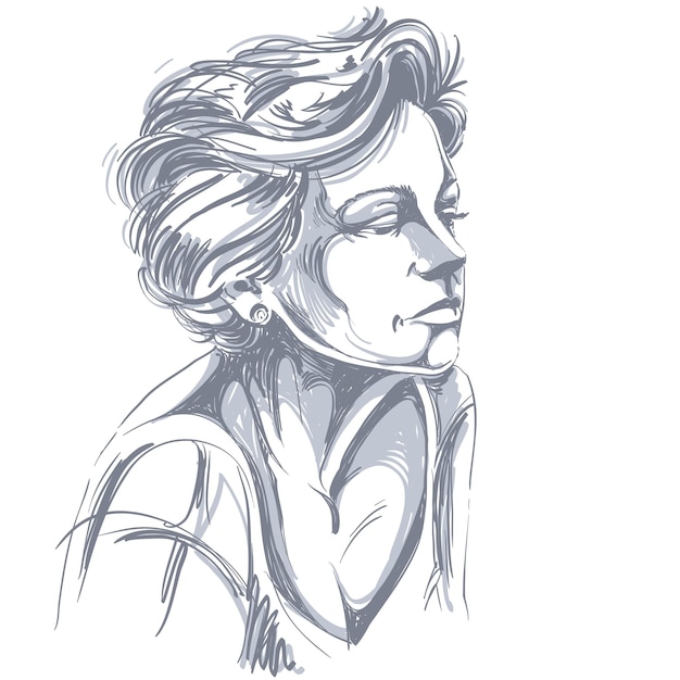 Vetor retrato desenhado à mão de mulher triste de pele branca, ilustração de tema de emoções de rosto. linda senhora triste posando em fundo branco.