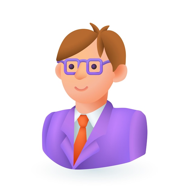 retrato do estilo cartoon 3D do empregado no ícone de óculos. Homem bonito em terno oficial, trabalhador de escritório ou ilustração vetorial plana de personagem de empresário. Ocupação, conceito de profissão