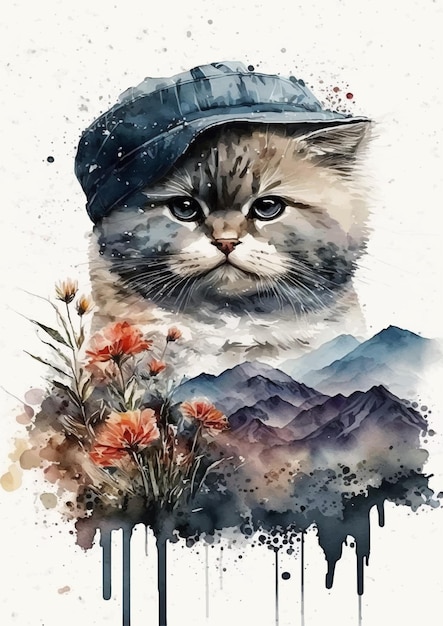 Retrato em aquarela de gato angorá pastel