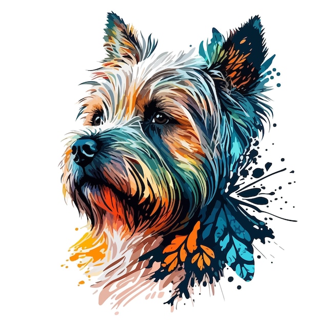 Retrato encantador em estilo aquarela de um yorkshire terrier com um ornamento vibrante